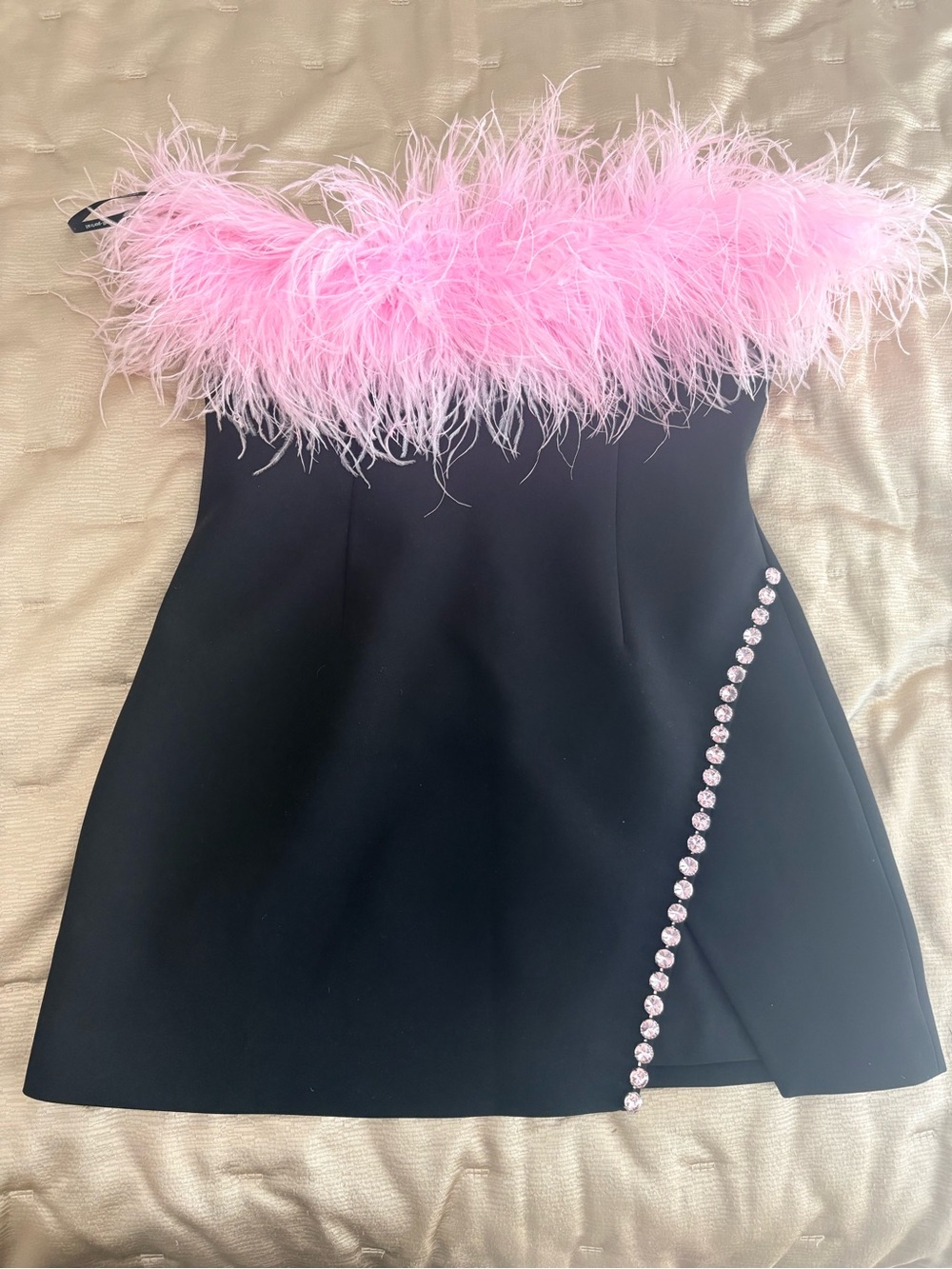 Self-Portrait Black Mini Dress with Pink Feather Bodice